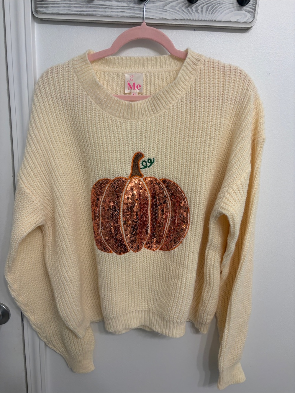 So Me Cream Crewneck Sweater with Sequin Pumpkin